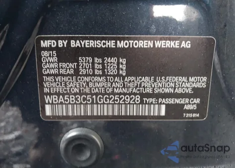 2016 BMW 535I xDrive из США, поврежденный, VIN WBA5B3C51GG252928